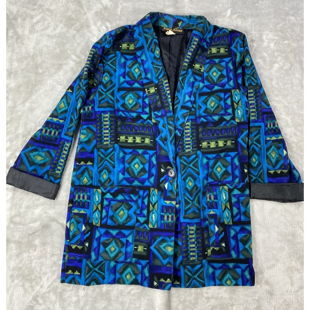 Vintage Womens Large Blazer Jacket Blue Aztec Print Boho Abstract Large Hippie